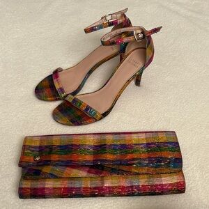 Stuart Weitzman Nunaked Tinsel Silk metallic Rainbow plaid Sandals and Clutch